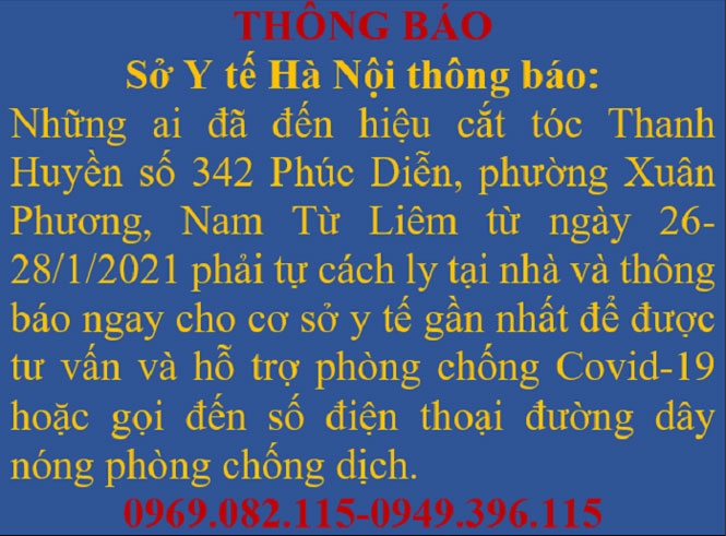 Tìm những người đến hiệu cắt tóc Thanh Huyền (Quận Nam Từ Liêm) liên quan đến ca bệnh Covid-19