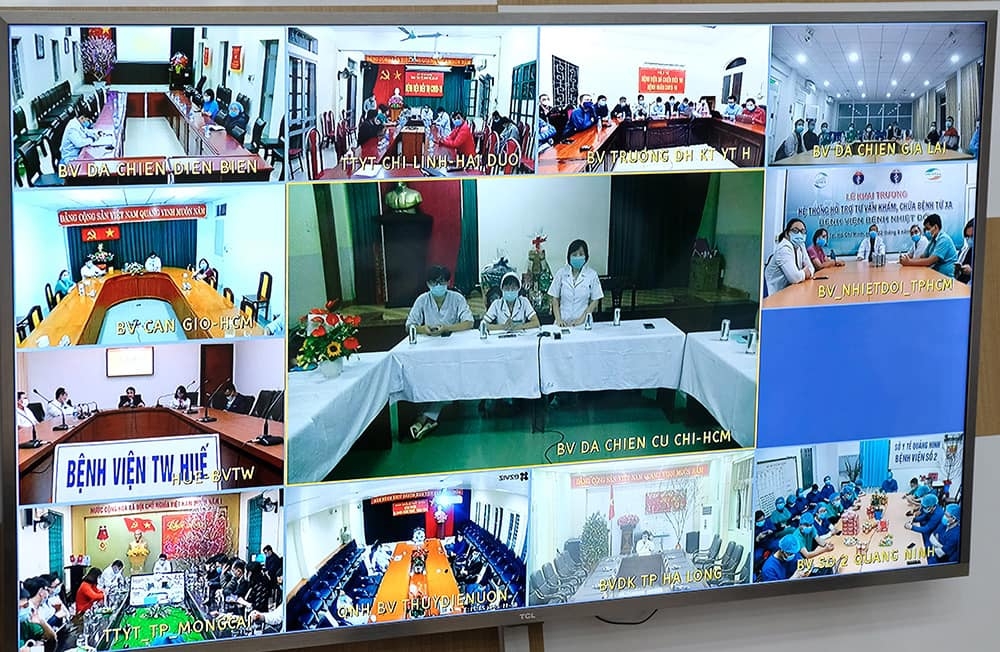 18 điểm cầu là các cơ sở y tế đang điều trị bệnh nhân Covid-19 trên toàn quốc.