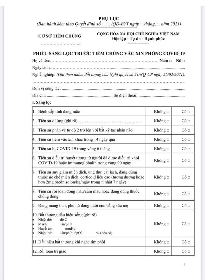 Phiếu khám sàng lọc trước tiêm chủng vắc xin Covid-19