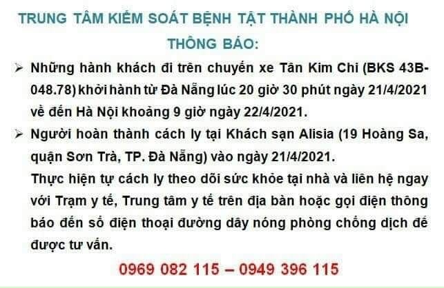Thông báo khẩn tìm người đi chuyến xe Tân Kim Chi, ở khách sạn Alisia liên quan ca Covid-19