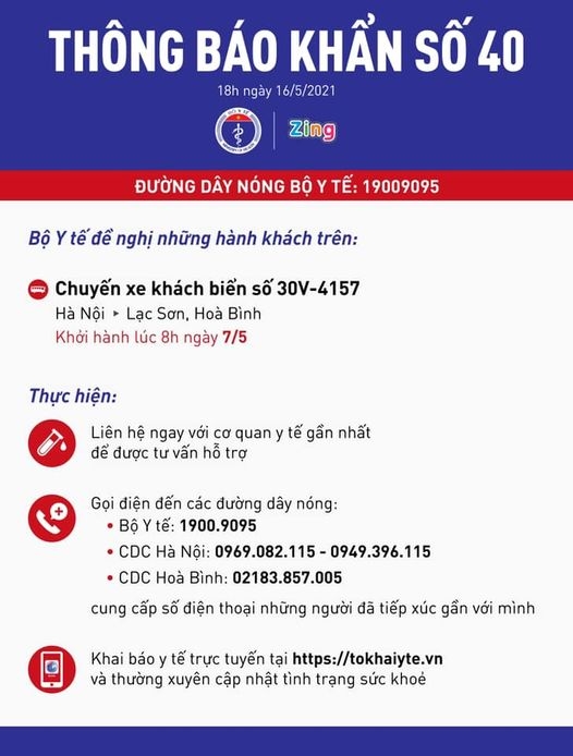 Tìm người trên chuyến xe khách 30V-4157 tuyến Hà Nội - Lạc Sơn (Hòa Bình)