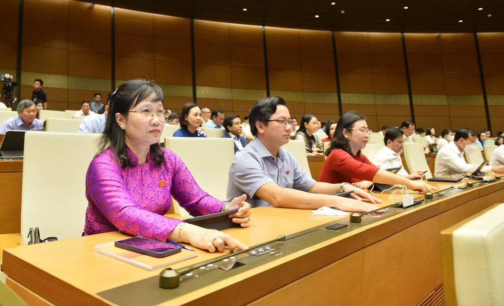 Các vị đại biểu Quốc hội thuộc Đoàn Đại biểu Quốc hội tỉnh Quảng Ninh biểu quyết thông qua Nghị quyết 