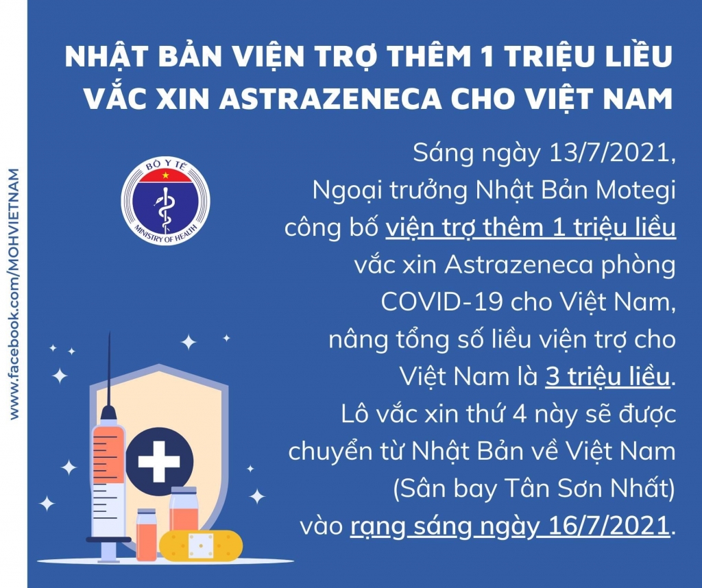 Nhật Bản viện trợ thêm 1 triệu liều vắc xin phòng Covid-19 cho Việt Nam