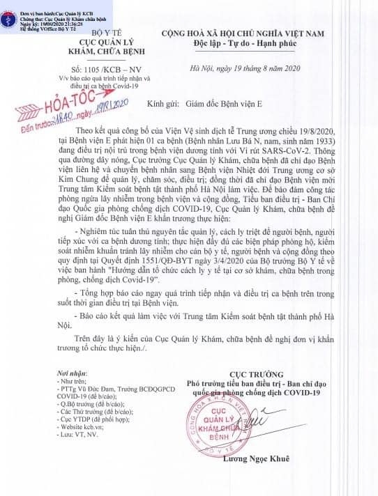lien quan den benh nhan duong tinh covid 19 tu 20h toi ngay 198 benh vien e dung tiep nhan kham chua benh