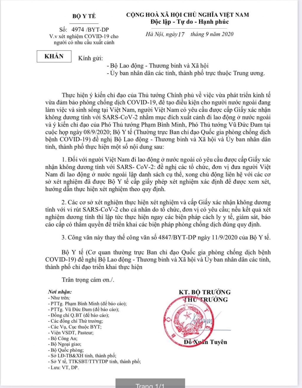 Hướng dẫn mới về xét nghiệm Covid-19 cho người có nhu cầu xuất cảnh