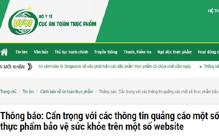 11 sản phẩm thực phẩm bảo vệ sức khỏe vi phạm quảng cáo trên một số website