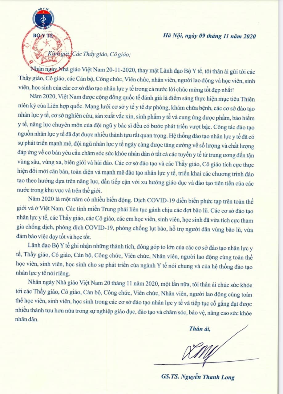 Bộ trưởng Bộ Y tế Nguyễn Thanh Long gửi thư chúc mừng các thầy, cô giáo ngành Y