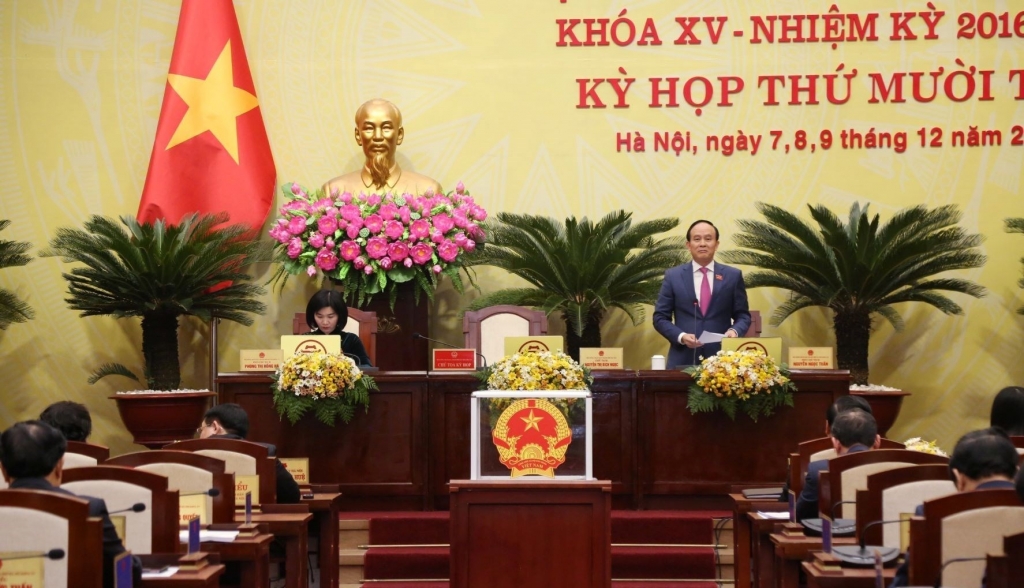 Chủ tịch HĐND thành phố Hà Nội Nguyễn Ngọc Tuấn phát biểu tại Kỳ họp thứ 18 HĐND thành phố Hà Nội 