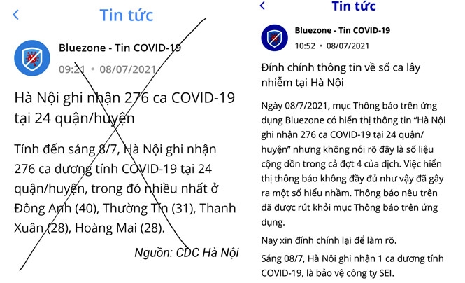 Thông tin trên Bluzone trước và sau khi đính chính