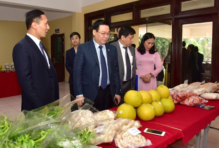 Bí thư Thành ủy Vương Đình Huệ thăm khu trưng bày các sản phẩm OCOP của huyện Phúc Thọ  