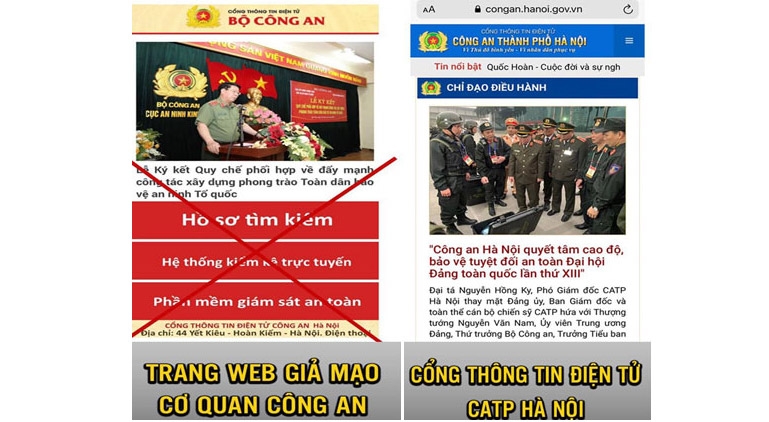 Cảnh báo trang web giả mạo Công an Hà Nội. Ảnh: congan.hanoi.gov.vn