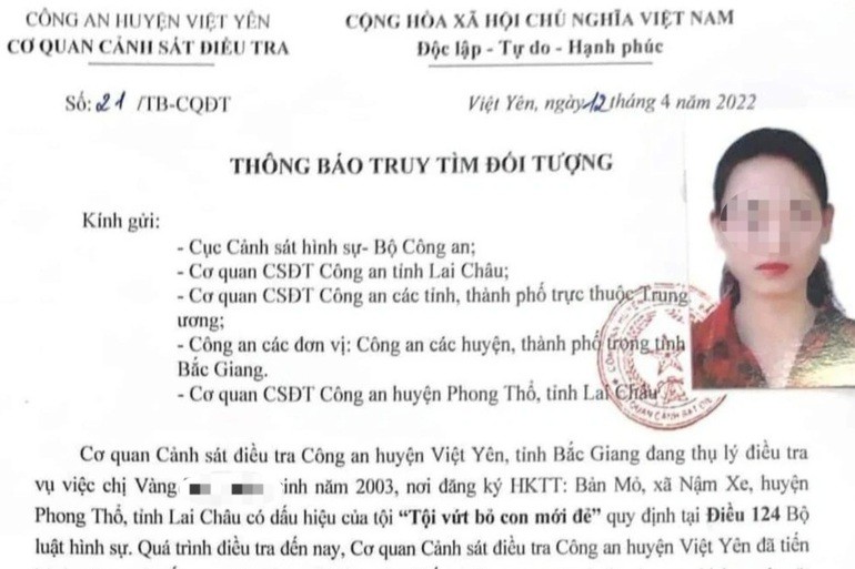 Công an huyện Việt Yên thông báo truy tìm Vàng Thị T