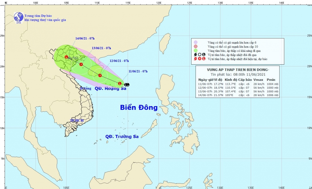 Hình ảnh về vị trí và đường đi của áp thấp. (Nguồn: nchmf.gov.vn)