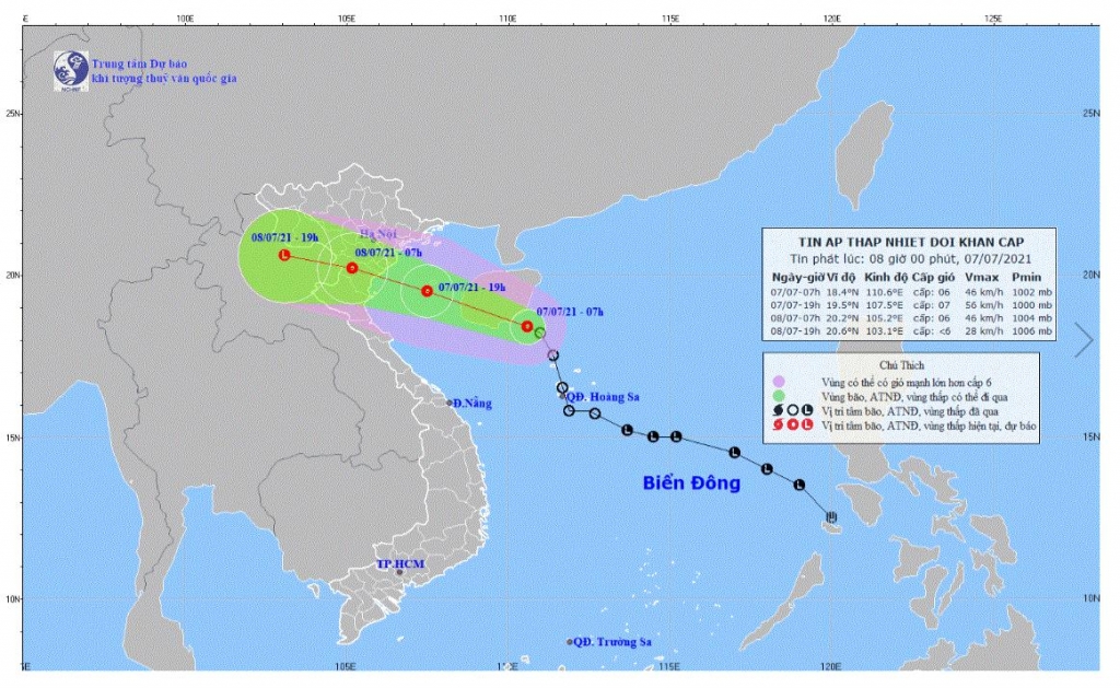 Hình ảnh đường đi và vị trí áp thấp nhiệt đới. (Nguồn: nchmf.gov.vn)