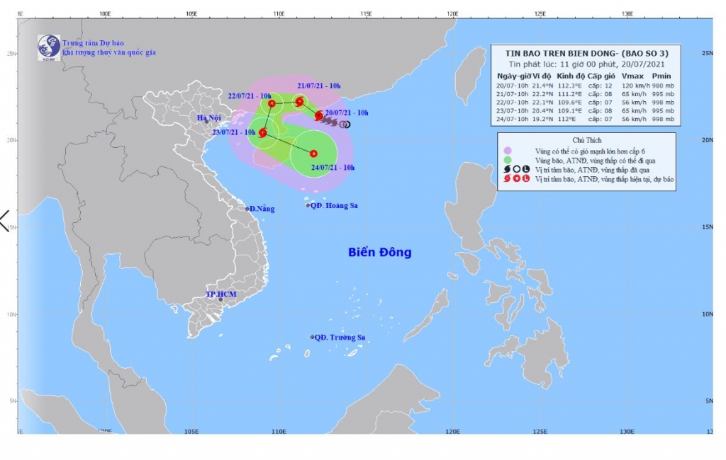 Hình ảnh vị trí và đường đi của bão số 3. (Nguồn: nchmf.gov.vn)