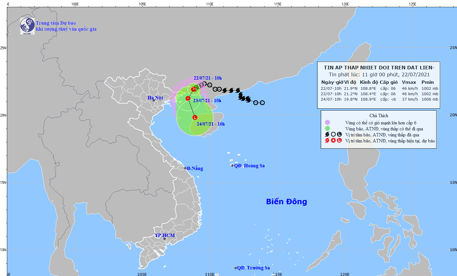 Vị trí và đường đi dự kiến của áp thấp nhiệt đới. (Nguồn: nchmf.gov.vn)