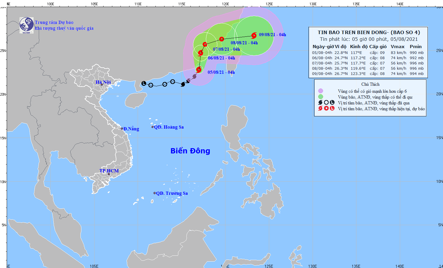 Vị trí và đường đi của bão số 4. (Nguồn: Trung tâm Dự báo Khí tượng Thủy văn Quốc gia)