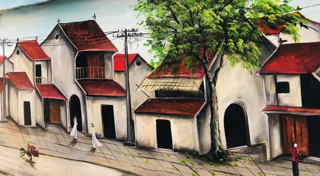 Khu phố cổ Hà Nội thu nhỏ được hiển thị trong bức tranh tường của đoàn viên, thanh niên tổ dân phố số 6, phường Đức Thắng, quận Bắc Từ Liêm