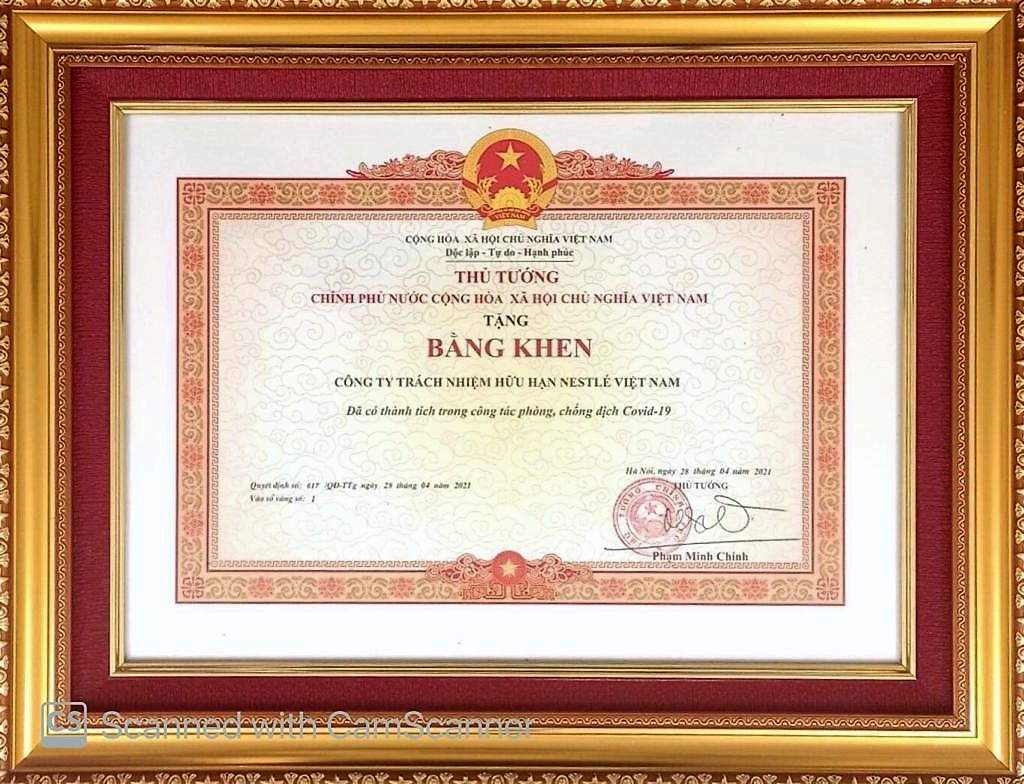 Công ty đã vinh dự nhận được bằng khen của Thủ tướng Phạm Minh Chính vì đã có thành tích trong công tác phòng chống dịch Covid-19.