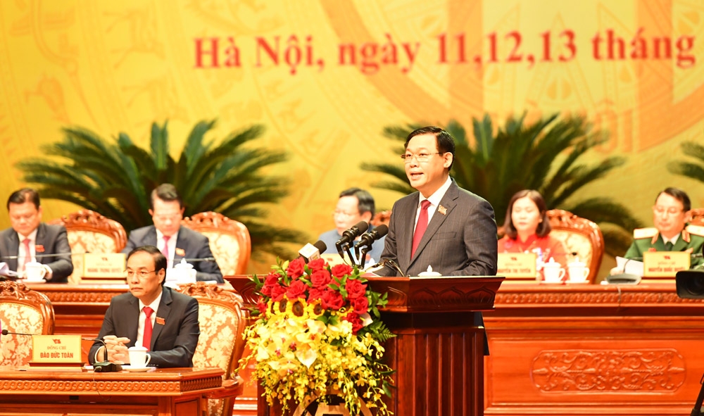 Đồng chí Vương Đình Huệ, Ủy viên Bộ Chính trị, Bí thư Thành ủy Hà Nội phát biểu khai mạc Đại hội (nguồn: HNM)