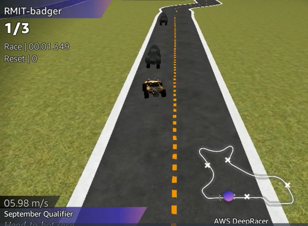 Xe đua ảo của đội RMIT-badger tự động chạy trên đường đua ảo trong trường đua 3D mô phỏng