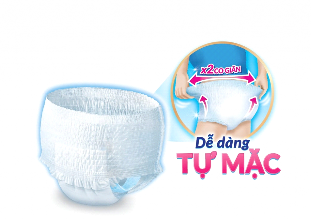 Thiết kế như chiếc quần lót, với hệ chun hông co giãn gấp 2 lần, dễ dàng tự mặc phù hợp với người lớn tuổi có nhu cầu đi lại và vận động