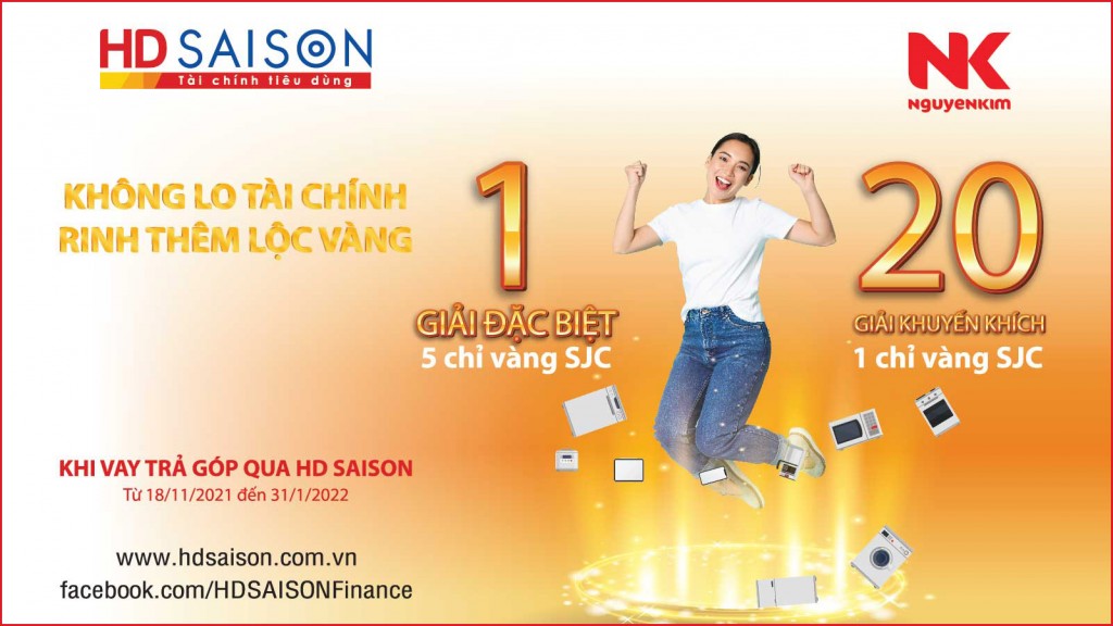 HD SAISON tặng vàng cho Khách hàng vay trả góp sản phẩm điện máy tại Nguyễn Kim