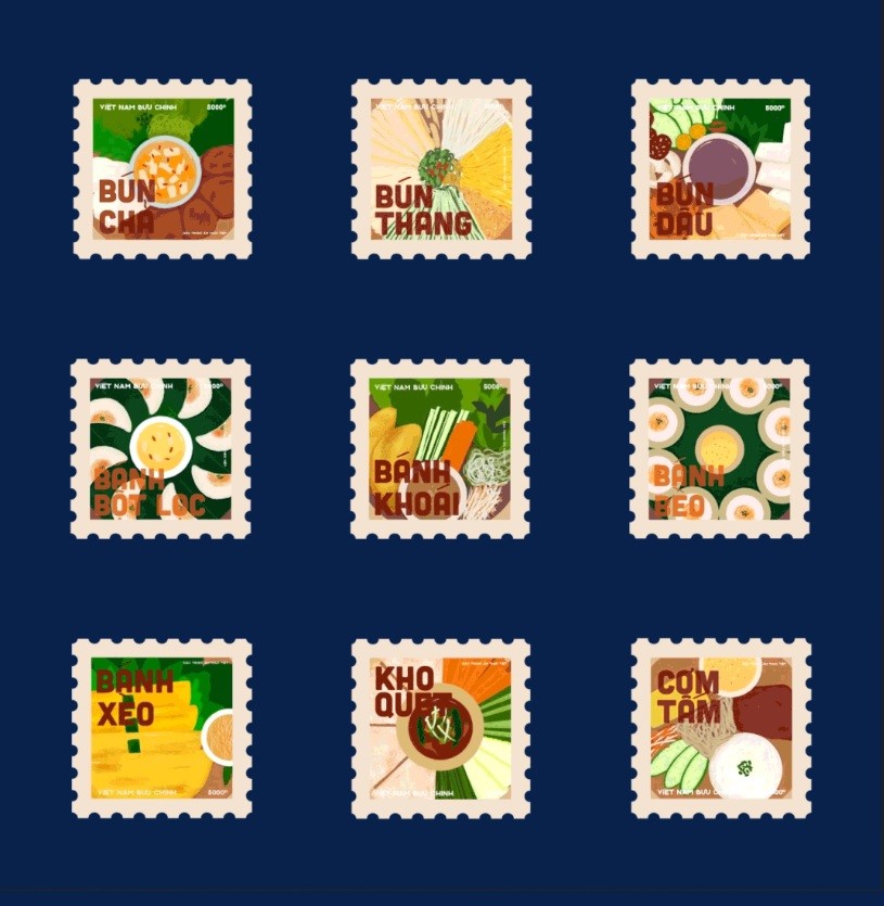 Dự án “A feast through Stamps” (tạm dịch: Bữa tiệc Tem) tại triển lãm Lộn Xộn quảng bá món ăn truyền thống Việt Nam từ Bắc vào Nam do sinh viên ngành thiết kế đồ họa Kim Ngân đến từ Cần Thơ thiết kế