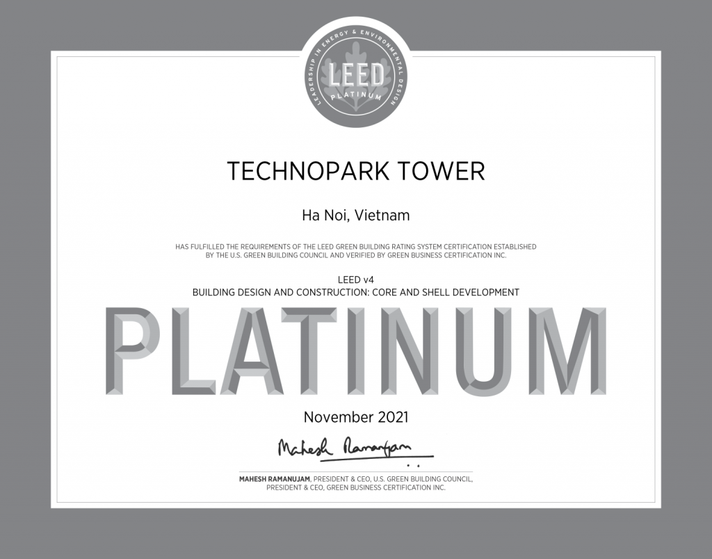 TechnoPark Tower đạt chứng nhận LEED Platinum v4 về môi trường xanh