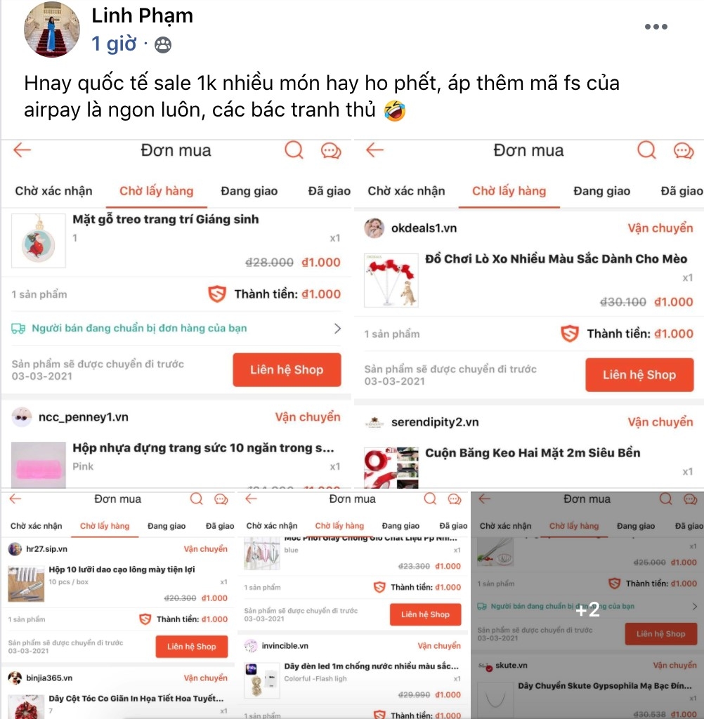Chủ tài khoản L.P khoe sương sương loạt đơn deal 1K và bày cách tận dụng thêm ưu đãi từ ví AirPay để được freeship tận nhà 