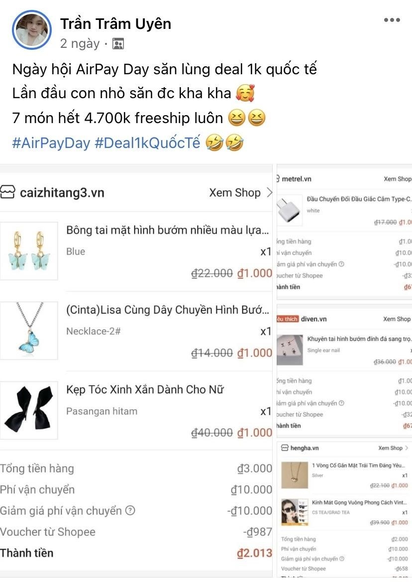 Tương tự tài khoản L.P, T.T.U săn được 7 món chỉ với 4.700K và nhận thêm ưu đãi freeship từ ví AirPay
