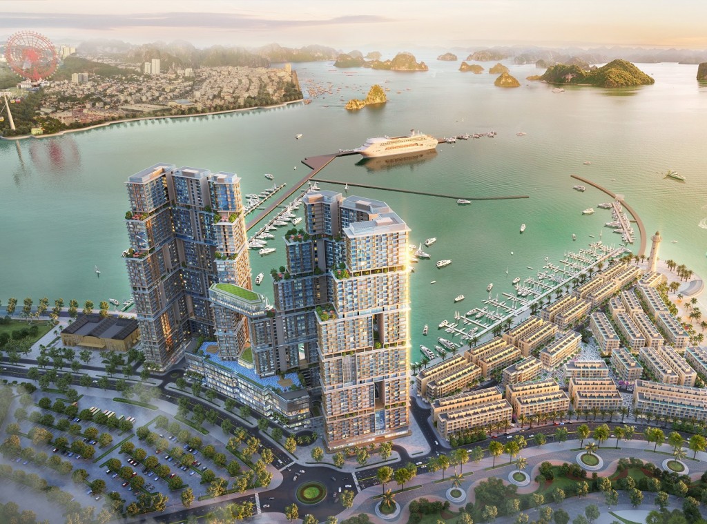 Sun Marina Town - tháp đôi cách điệu từ hình ảnh “Lưỡng long triều nhật” bên vịnh Hạ Long. Ảnh phối cảnh minh họa