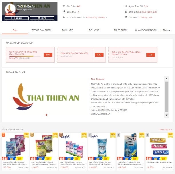 Tích cực tham gia các chương trình flash sale, tặng voucher, hoàn xu,... là một trong những típ hiệu quả để gia tăng lượng truy cập đến gian hàng của Thái Thiên Ân