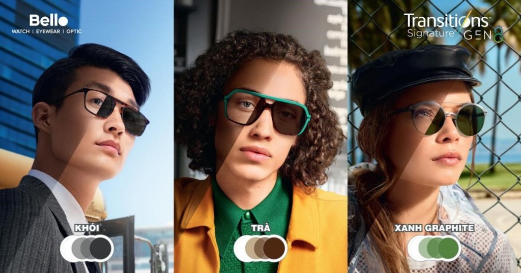 Tròng kính đổi màu Essilor Transitions Gen 8 Xám khói, Nâu Trà, Xanh Lá Graphite