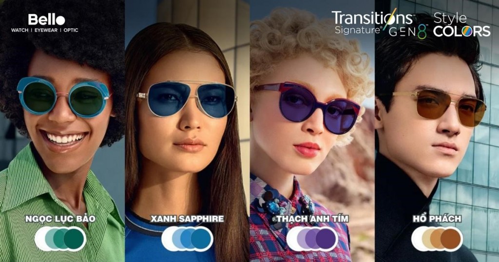 Tròng kính đổi màu Essilor Transitions Gen 8 Style Color Ngọc Lục Bảo, Xanh Biển Sapphire, Thạch Anh Tím, Hổ Phách