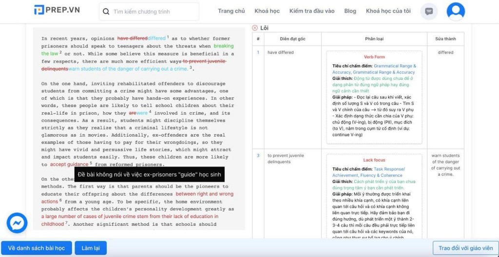 Phân tích bài Viết để chỉ ra lỗi sai của học viên, giải thích và giải pháp sửa lỗi chi tiết