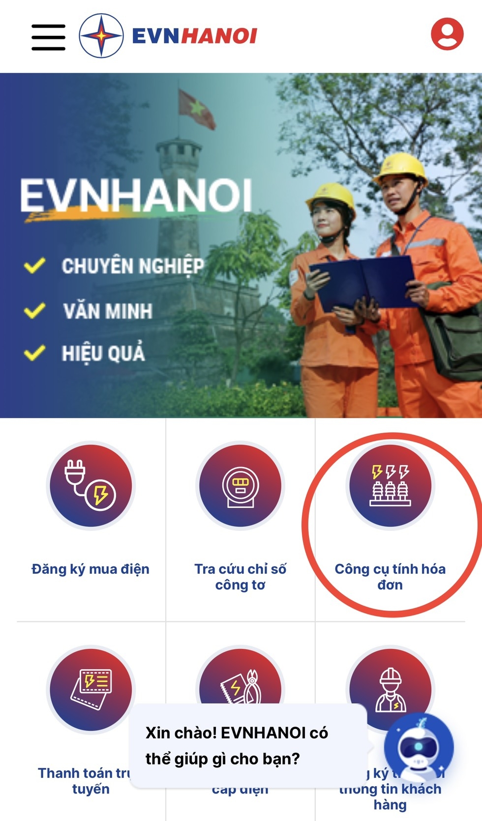 “Công cụ tính hóa đơn tiền điện ” tại Website: evnhanoi.vn trên điện thoại di động