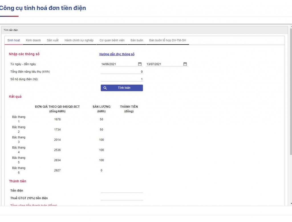 Khách hàng chọn “Tính toán” để hệ thống tự động tính số tiền điện cụ thể 