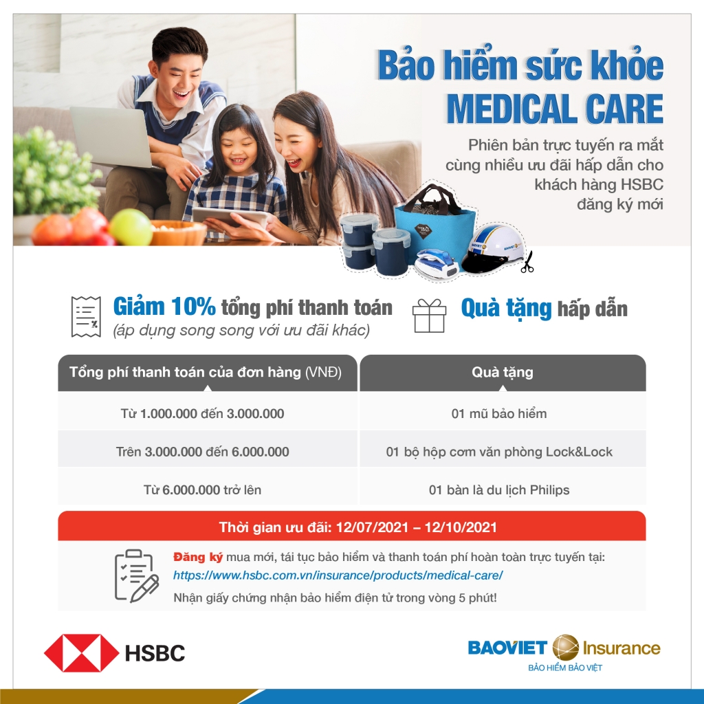 Bảo hiểm Bảo Việt và HSBC chính thức giới thiệu phiên bản trực tuyến của chương trình bảo hiểm Medical Care với nhiều ưu đãi hấp dẫn.