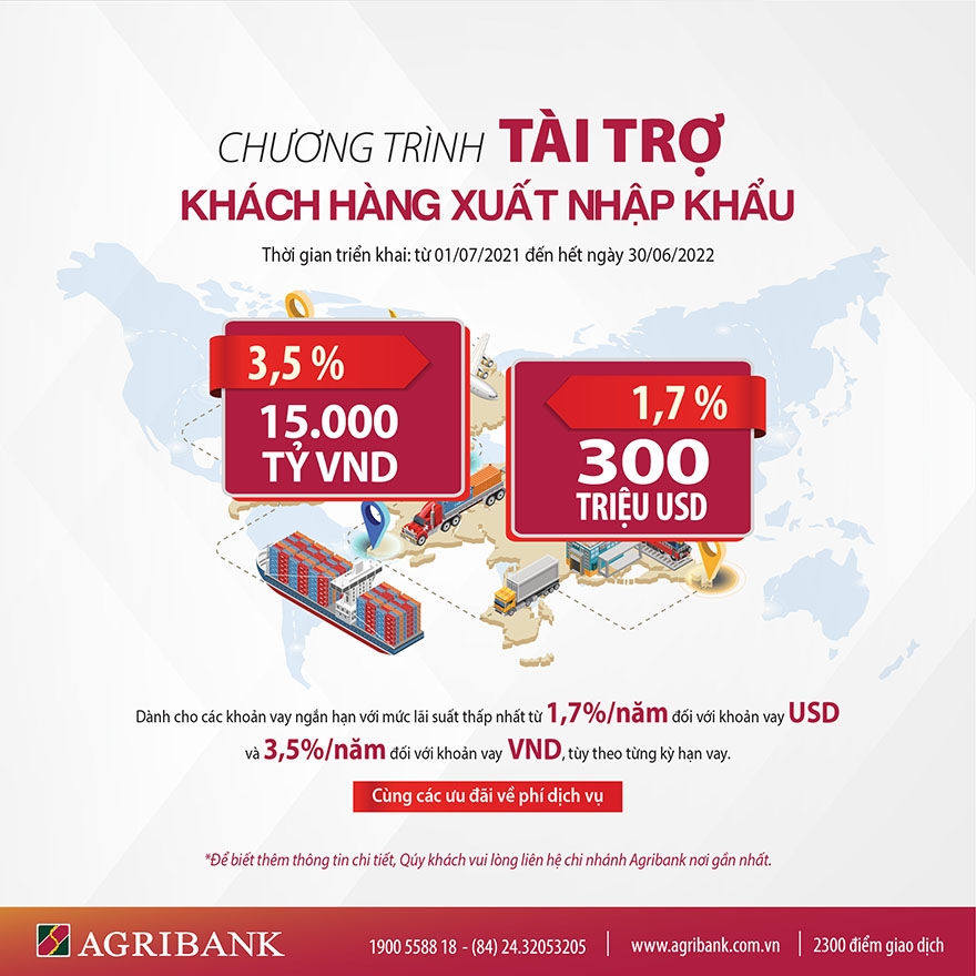 Agribank tài trợ 15.000 tỷ đồng và 300 triệu USD vốn ưu đãi khách hàng xuất nhập khẩu