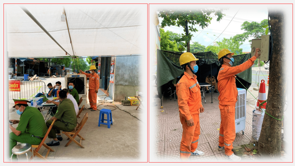 EVNHANOI kiểm tra hệ thống điện tại các chốt chống dịch (Ảnh trái: chốt tại đường 72 xã Vân Côn – Hoài Đức, Ảnh phải: chốt tại cầu Thạch Bích – Thanh Oai)