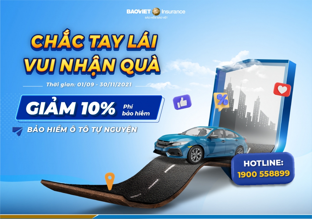 giảm phí 10% đối với Bảo hiểm Ôtô tự nguyện trong thời gian từ ngày 01/09/2021 đến 30/11/2021