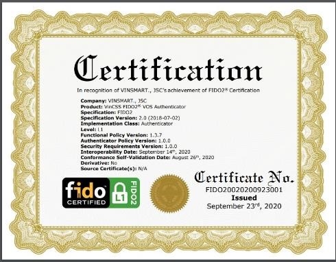 VOS của VinSmart đạt chứng nhận FIDO2 từ Liên minh Xác thực trực tuyến FIDO Alliance.