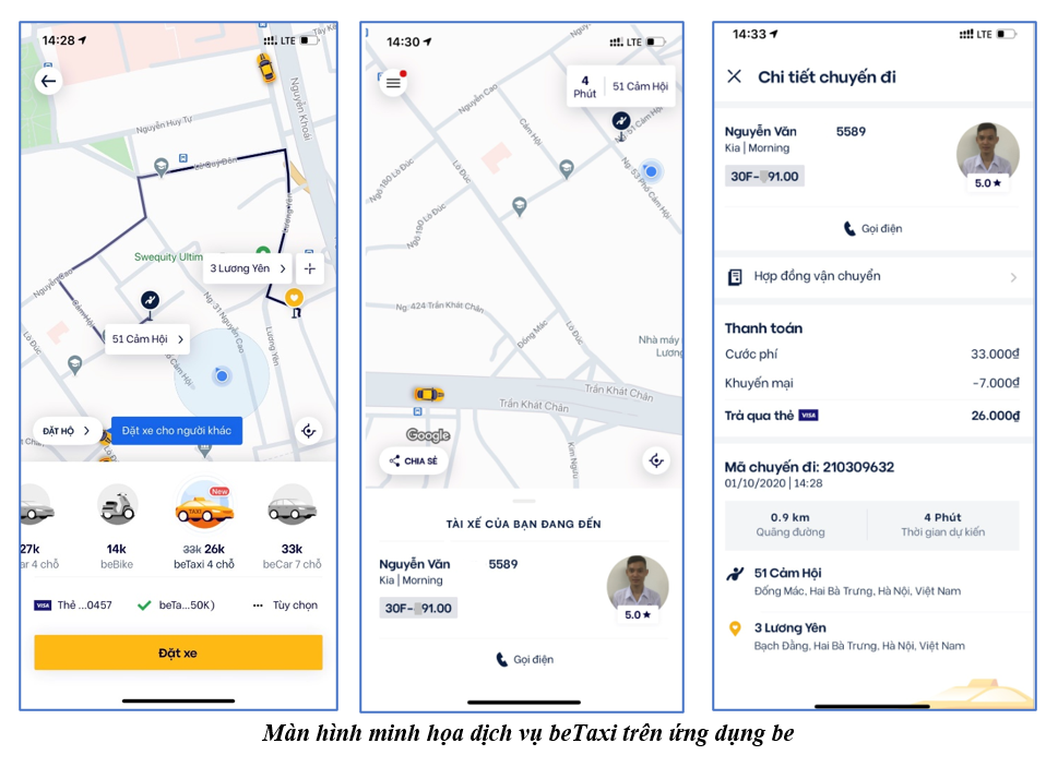 Màn hình minh họa dịch vụ beTaxi trên ứng dụng be 
