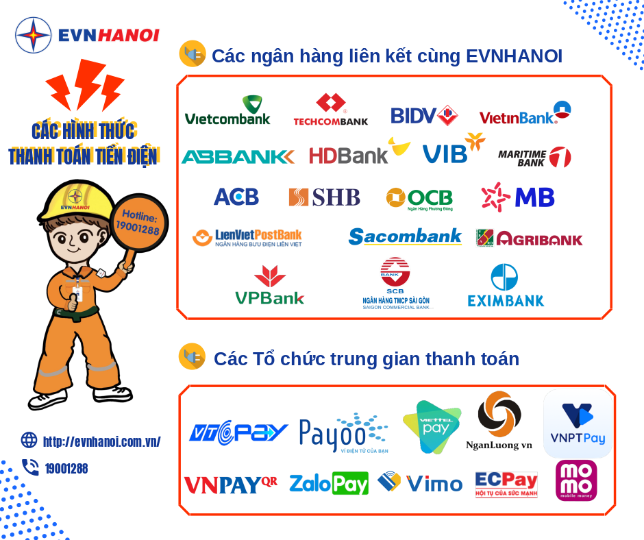 Các Ngân hàng và tổ chức thanh toán trung gian có hợp tác với EVNHANOI