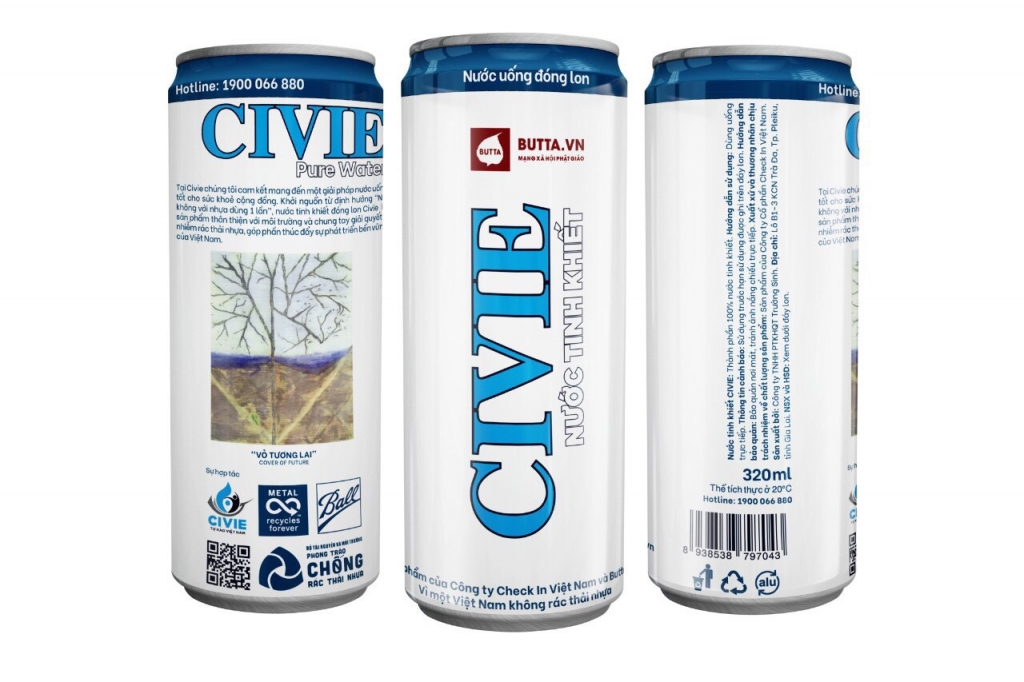 Lon nước uống tinh khiết CIVIE có logo Butta và hình ảnh bức tranh “Vỏ Tương Lai” của hoạ sĩ Nguyễn Thị Kim Đức Lon nước uống tinh khiết CIVIE có logo Butta và hình ảnh bức tranh “Vỏ Tương Lai” của hoạ sĩ Nguyễn Thị Kim Đức