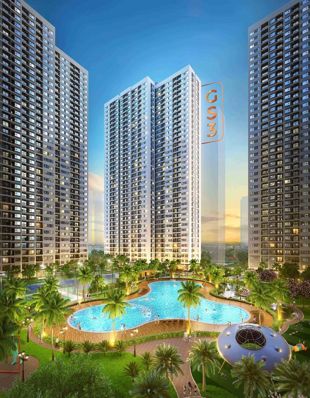 Grand Sapphire 3 sở hữu hơn 30 tiện ích nội khu: bể bơi phong cách resort lên tới 1000m2, hồ cảnh quan nghệ thuật, chòi nghỉ, vườn nướng BBQ, sân tennis, bóng rổ, bóng chuyền, cầu lông cùng sân tập gym ngoài trời…