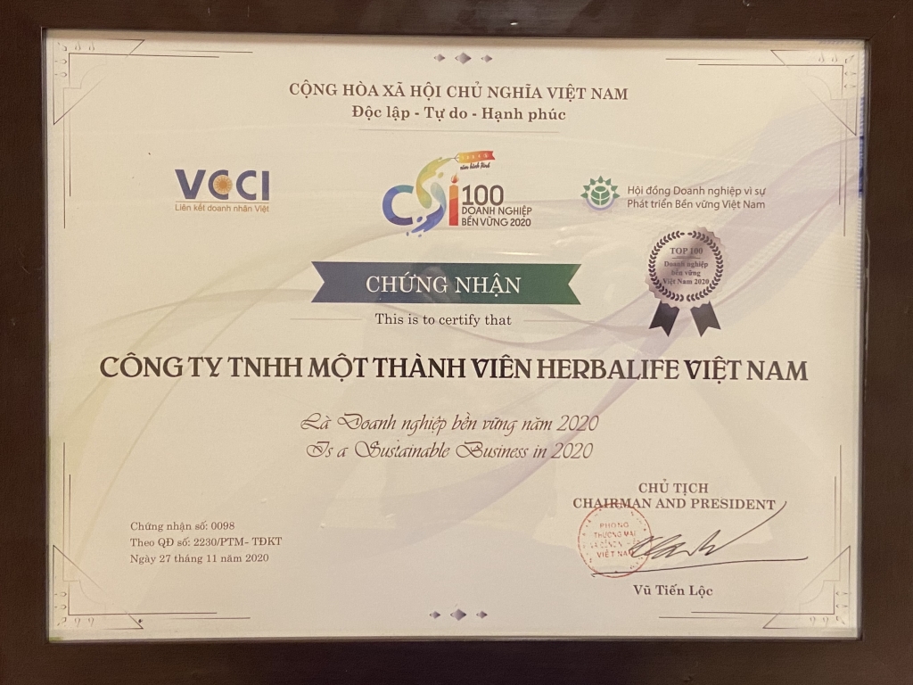 Herbalife Việt Nam tiếp tục được vinh danh Top 100 Doanh nghiệp bền vững Việt Nam 2020