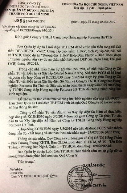 Văn bản EVN HCMC gửi Công ty Formosa Hà Tĩnh