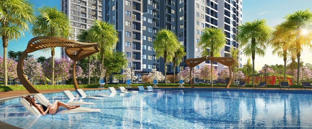 Hồ bơi Tropical Palm rộng hơn 1.000 m2 ở phân khu The Miami mang tới cảm giác thảnh thơi, thư thái, thích thú cho cư dân